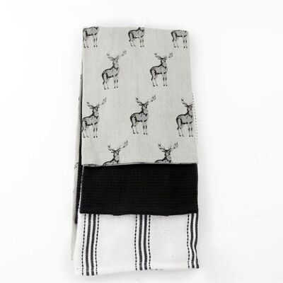 Grey Kitchen Pack of 3 Tea Towels With A Stag Print Design