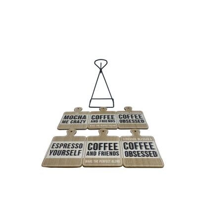 Set mit sechs Kaffee-Slogan-Untersetzern auf Metallständer