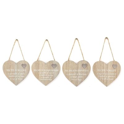 Set di 4 targhe a forma di cuore con ricetta della vita incisa bianca da appendere in legno
