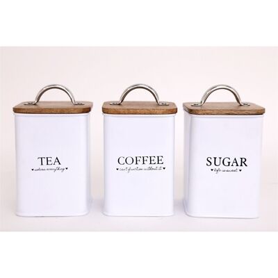 Tea, Coffee & Sugar Square White Storage Tins