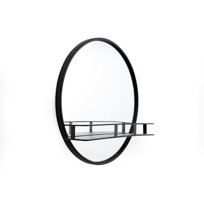 Specchio circolare con cornice in metallo nero con mensola