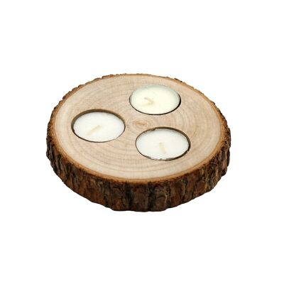 Porta tealight triplo in legno con dettaglio corteccia