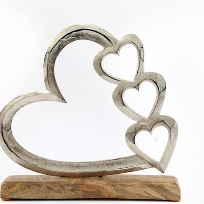 Metal Silver Four Heart Ornament On A Wooden Base Large