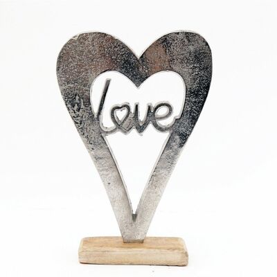 Metal Silver Heart Love On A Wooden Base Large
