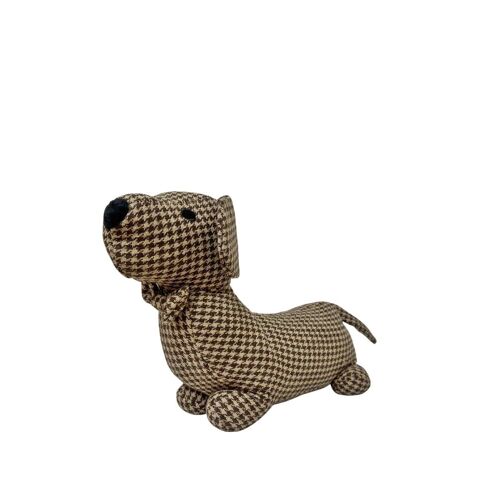 Brown Tartan Fabric Sausage Dog Doorstop