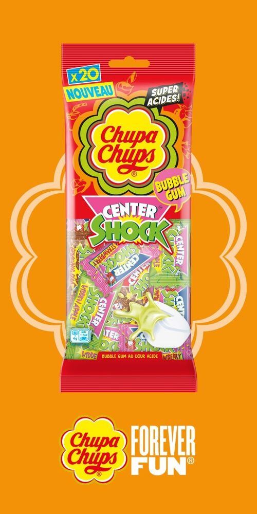 Chupa Chups-sachet Center shock 80g–Bubble gum au cœur acide–pour tous les gourmands-Goûts Fraise et Cola-Idéal pour Fêtes d'Anniversaires-Bonbons emballés individuellement -Parfait pourHalloween