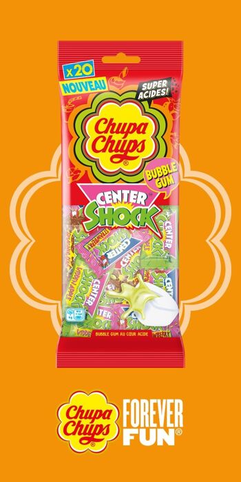 Chupa Chups-sachet Center shock 80g–Bubble gum au cœur acide–pour tous les gourmands-Goûts Fraise et Cola-Idéal pour Fêtes d'Anniversaires-Bonbons emballés individuellement -Parfait pourHalloween 1
