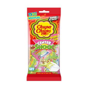 Chupa Chups-sachet Center shock 80g–Bubble gum au cœur acide–pour tous les gourmands-Goûts Fraise et Cola-Idéal pour Fêtes d'Anniversaires-Bonbons emballés individuellement -Parfait pourHalloween 2