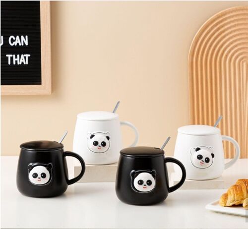Ceramic mug "PANDA" with lid and spoon in white and black. TK-341