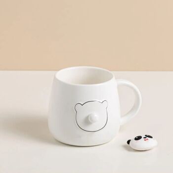 Mug en céramique "PANDA" avec couvercle et cuillère en blanc et noir. TK-341 2