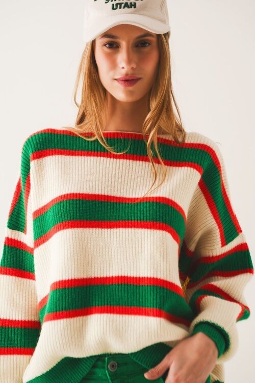 Crop green and orange striped sweater