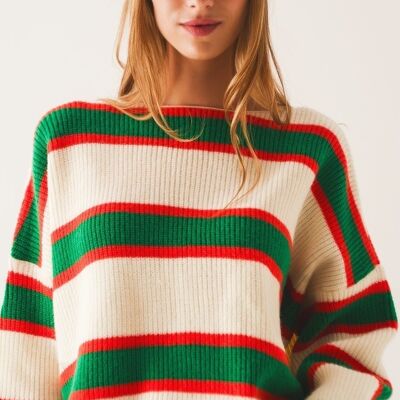 Crop green and orange striped sweater