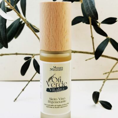 Regenerating face serum with extracts of organic olive leaves and hyaluronic acid