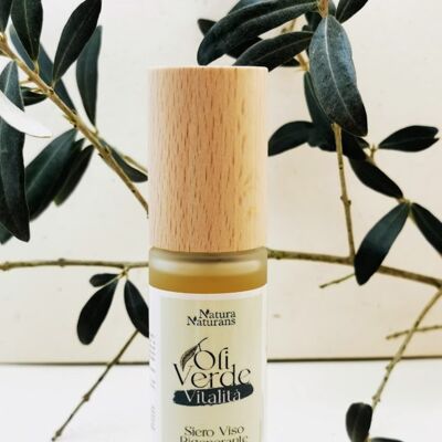 Regenerating face serum with extracts of organic olive leaves and hyaluronic acid
