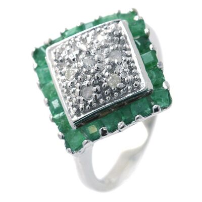 Emerald, Diamond and 925 Silver Ring