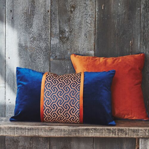 Blue orange patterned velvet cushion cover