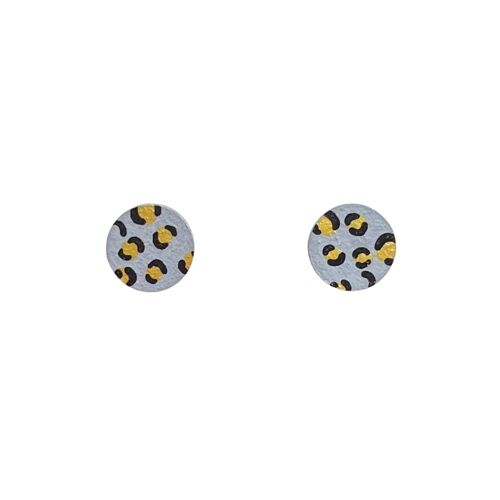 mini leopard print circle studs grey and gold hand painted wooden earrings