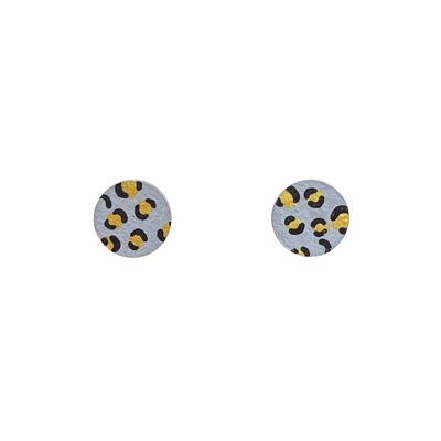 mini pendientes circulares con estampado de leopardo de madera pintados a mano en gris y dorado