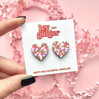 Pink confetti large heart stud hand painted wooden earrings