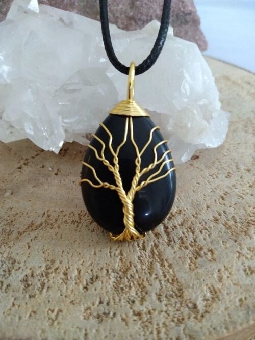 Collier arbre de vie obsidienne noire