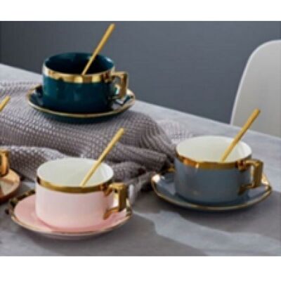 Taza de té y platillo con adornos dorados y cuchara en caja - PT-164