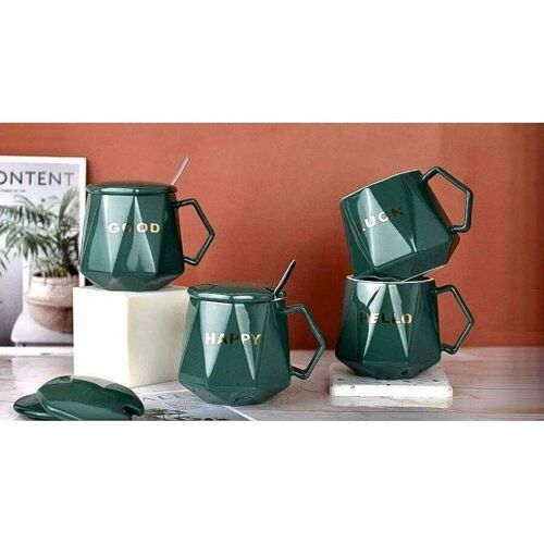 Coffee mug diamond shape with lid and spoon in box-  PT-831