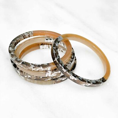 Square section natural horn bracelet - Leopard silver leaf print