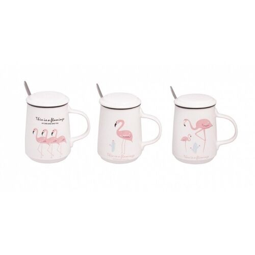 Coffee Mug with lid and spoon in a box in 4 different designs with flamingos in box - AT-806