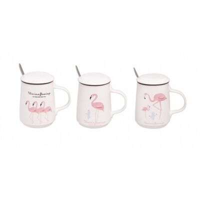 Kaffeebecher mit Deckel und Löffel in einer Box in 4 verschiedenen Designs mit Flamingos in der Box – AT-806