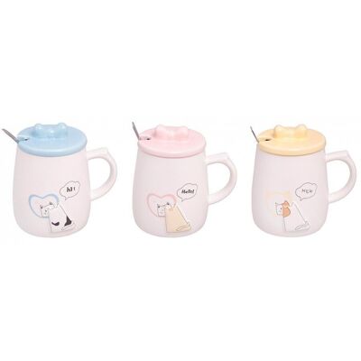 Coffee Mug with lid and spoon in a box in 4 different designs with cat and bow, IN BOX - AT-830