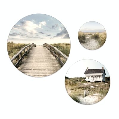 Set of 3 wall circles / round wall pictures / picture set / beach and sea
