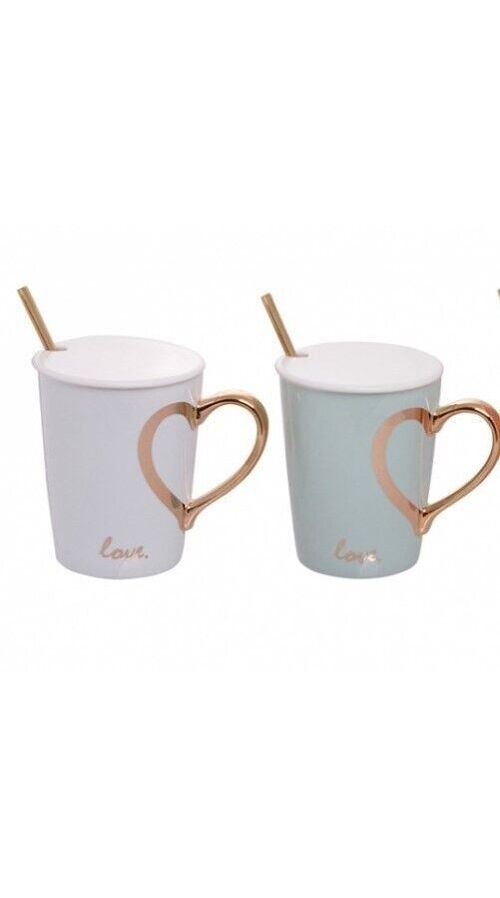 Coffee  Mug with lid and spoon in a box in 2 different designs with heart -IN BOX  AT-827