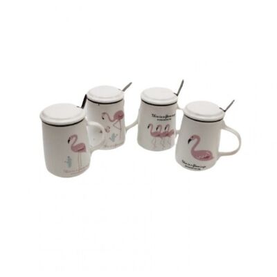 Taza de café con tapa y cuchara en caja en 4 diseños diferentes con framingos - EN CAJA