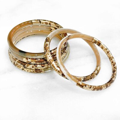 Bangle bracelet 6mm natural horn - Leopard print gold leaf