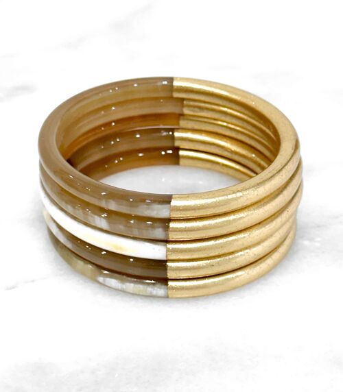 Bracelet jonc 6mm corne naturelle - Feuilles d'or véritable
