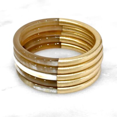 Bracelet jonc 6mm corne naturelle - Feuilles d'or véritable