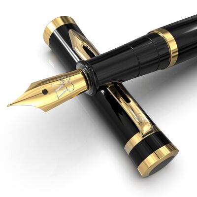 Wordsworth & Black Juego de pluma estilográfica, punta mediana, incluye 6 cartuchos de tinta y convertidor de recarga de tinta, estuche de regalo, diario, caligrafía, bolígrafos de escritura suave, oro negro, perfecto para hombres y mujeres