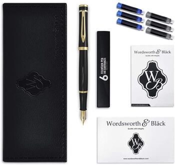 Ensemble stylo plume Wordsworth & Black, pointe moyenne, comprend 6 cartouches d'encre et convertisseur de recharge d'encre, étui cadeau, journal, calligraphie, stylos d'écriture lisse, or noir, parfait pour homme et femme 2