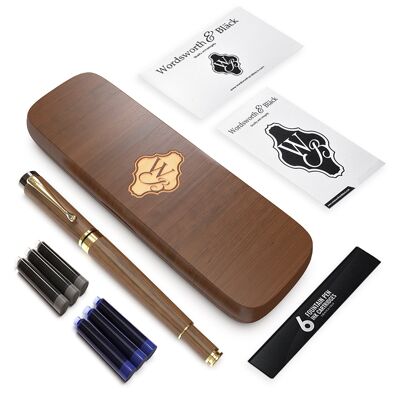 Wordsworth & Black's Fountain Pen Set, Luxury Bamboo Wood, Medium Nib, Gift Case, Includes 6 Ink Cartridges, Ink Refill Converter, Journaling, Calligraphy, Drawing, Smooth Writing, Brown Wood