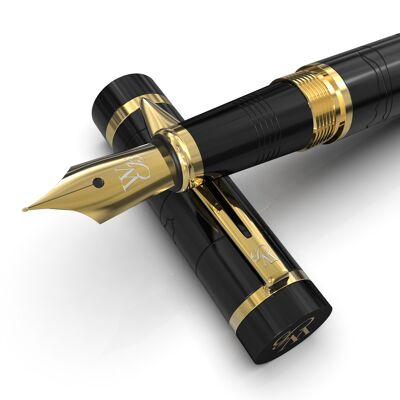 Wordsworth & Black Primori Fountain Pen Set, Black Gold, Medium Nib, Gift Case, 6 Ink Cartridges, Refill Converter, Journaling, Calligraphy, Smooth Writing Pens, Left and Right Handed
