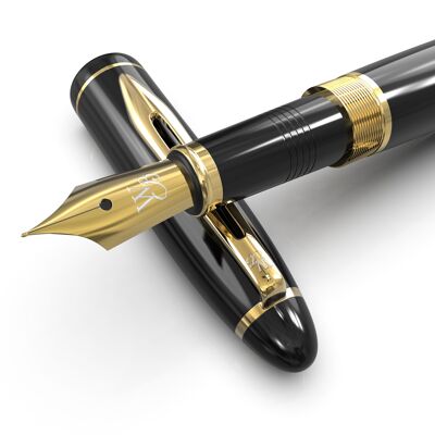 Wordsworth & Black Majesti Stylo plume, noir, étui de luxe, finition dorée, plume moyenne dorée 18 carats, cartouches d'encre, convertisseur d'encre rechargeable, stylo de calligraphie, meilleur coffret cadeau d'affaires pour homme et femme