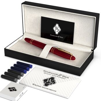 Stylo plume Wordsworth & Black Majesti, rouge, étui de luxe, finition dorée, plume moyenne dorée 18 carats, cartouches d'encre, convertisseur d'encre rechargeable, stylo de calligraphie, meilleur coffret cadeau d'affaires pour homme et femme 2