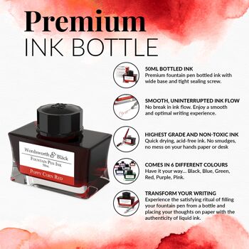 Bouteille d'encre pour stylo plume Wordsworth et Black, édition de luxe premium, rouge coquelicot, encre en bouteille pour stylos plume, bouteille au design classique, débit lisse, 50 ml 4