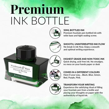 Wordsworth and Black Bouteille d'encre pour stylo plume Premium Luxury Edition, Racing Green, Encre en bouteille pour stylos plume, Bouteille au design classique, Smooth Flow 50 ml 6