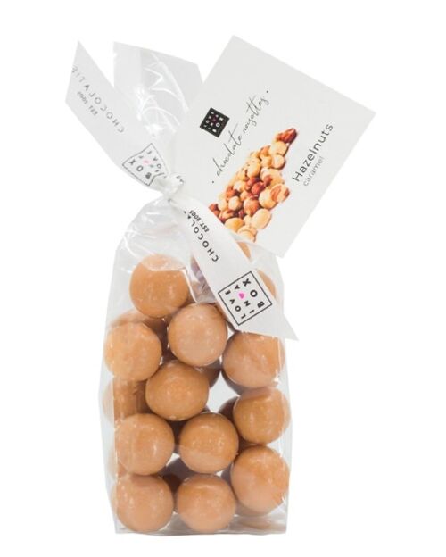 Chocolate Hazelnuts Caramel – roasted hazelnuts covered with white & caramel chocolate