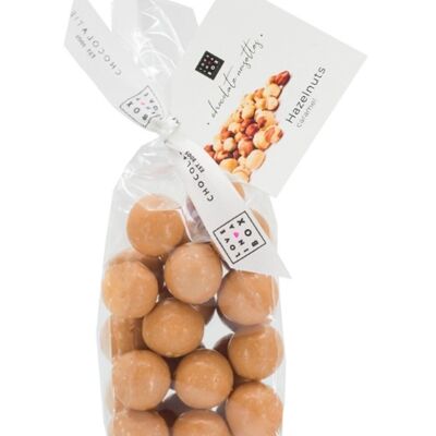 Chocolat Noisettes Caramel – noisettes grillées recouvertes de chocolat blanc et caramel