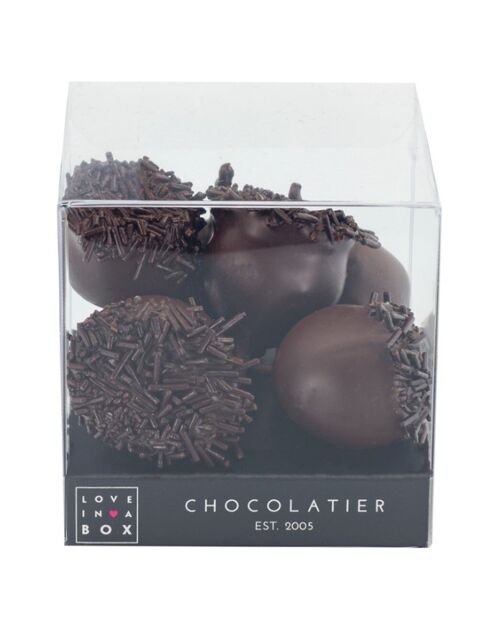 Chocolate Cherries Dark chocolate – cerisettes - cherries with pit and stem and liqueur covered with dark chocolate