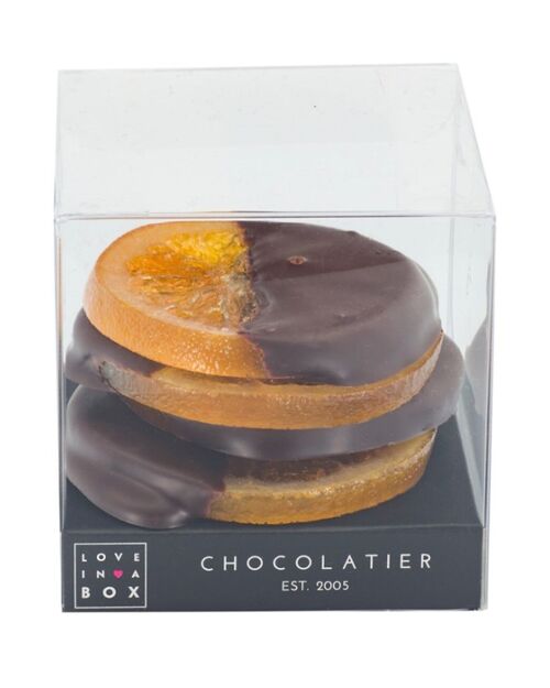 Chocolate Orange slices Dark chocolate – candied orange slices dipped in dark chocolate