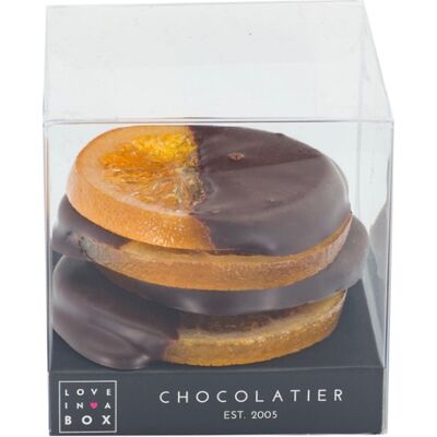 Schokoladen-Orangenscheiben Dunkle Schokolade – kandierte Orangenscheiben, getaucht in dunkle Schokolade