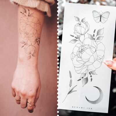 Temporary tattoo: floral peony, lavender, moon & butterfly, temporary tattoos